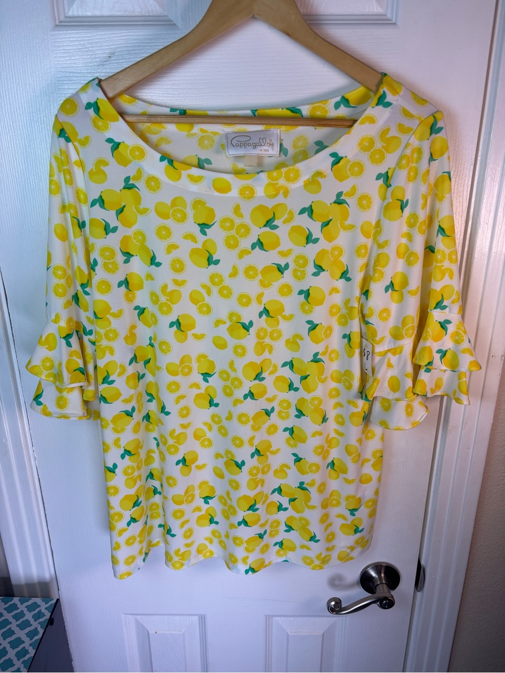 Kensie Yellow Lemon-Pattern Ruffle Sleeve Blouse - Picture 3 of 11